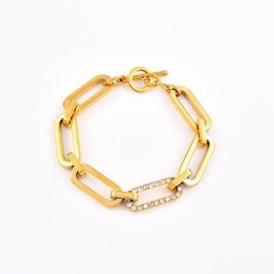 Gold Plated Not Allergic Thick Paper Clip Bracelet with Zircon Stone/ Crystal for Ladies Women