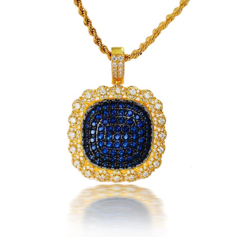 Men Fashion Two Tone Square Flower Iced out Crystal Pendant