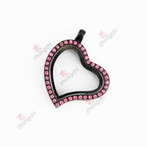 Black Lacquer Pink Crystals Bent Heart Floating Locket Fashion Necklace Jewelry (#121)