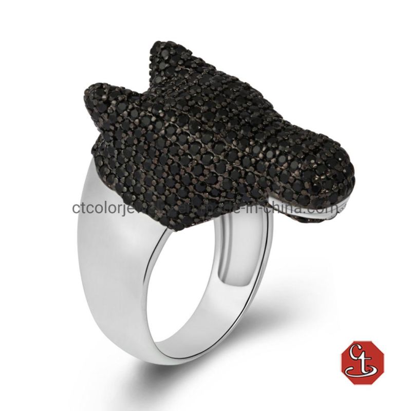 Black cz in Black plated, other Rhodium plated animal shaped ring