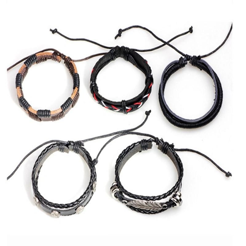 Europe and America Simple Retro Bracelet DIY Woven Cowhide Bracelet Punk Bracelet Men′ S Hemp Rope Leather Bracelet