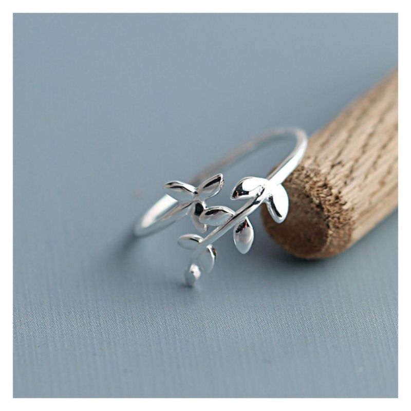 925 Solid Real Sterling Silver Fashion Leaves Opening Ring Sizable 5 6 7 for Teen Girl Kid Xmas Gift