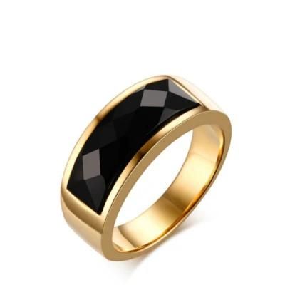 Factory Direct Wholesale Stainless Steel Black Agate Ring Gold European and American Fashion Accessories Ring
