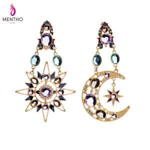 Hot Sale Fashion Elegant Diamond Studded Alloy Women&prime;s Earrings Star and Moon Shape Pendant Jewelry