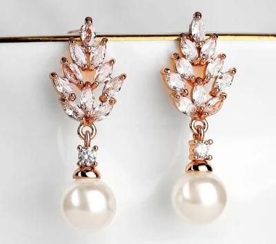 Wedding Elegant Pearl CZ Earring Jewelry, Bridal Pearl CZ Earring Necklace Jewelry, Rose Gold Earring