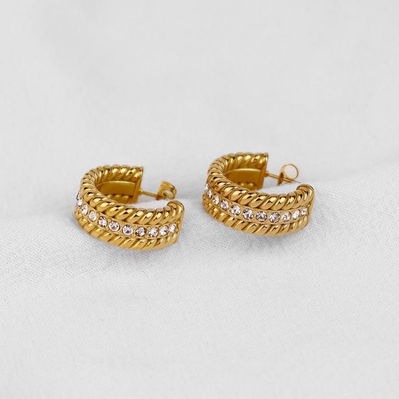 Fashion Jewelry Shop Two Rows of CZ Stone Stainless Steel Hoop Earrings