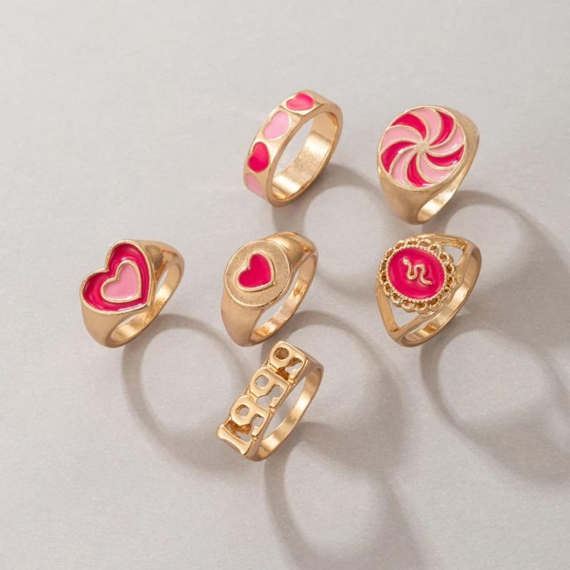 Wholesale 6PCS/Set Punk Finger Rings Statement Green Enamel Gold Plated Stacking Rings with Candy Heart Snake Epoxy Patterns 1999 Year Fashion Women Ring