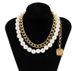 Fashion Thick Chain Big Pearl Beads Choker Necklace Stainless Steel Long Tassel Chain Flower Pendant Necklace