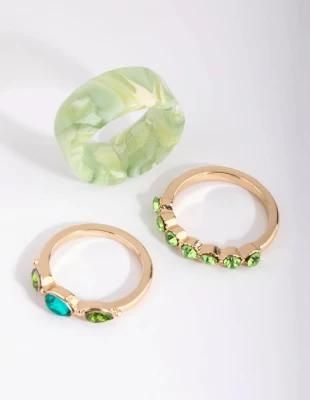 Pastel Gemstone Green Diamante Multiple Coloured Acrylic Ring Pack