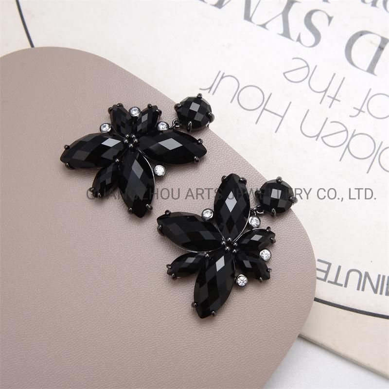 New Developed 925 Silver Black Ms Flower & Leave Dangle Earrings
