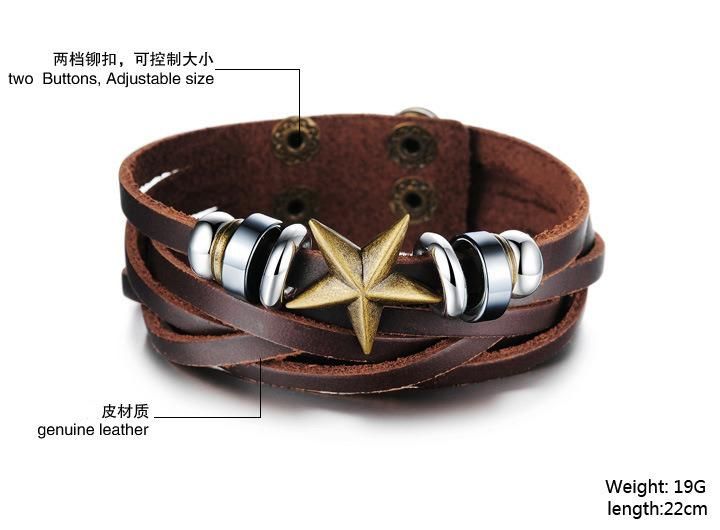 Adjustable Multi Layered Brown Leather Bracelet Wholesale Star Design Bracelet