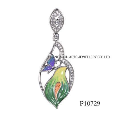 Enamel Butterfly and Flower Over 925 Sterling Silver Pendant