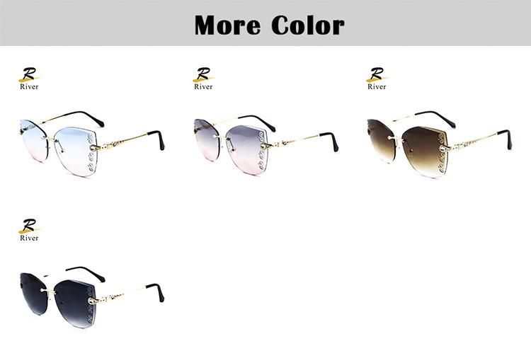 Diamond-Encrusted Engraved Metal Rimless Frames Women Sunglasses