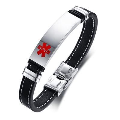 Fashion Custom Letter Logo Name 12mm Stainless Steel Medical Logo Curved Ultra-Fine Leather Bracelet