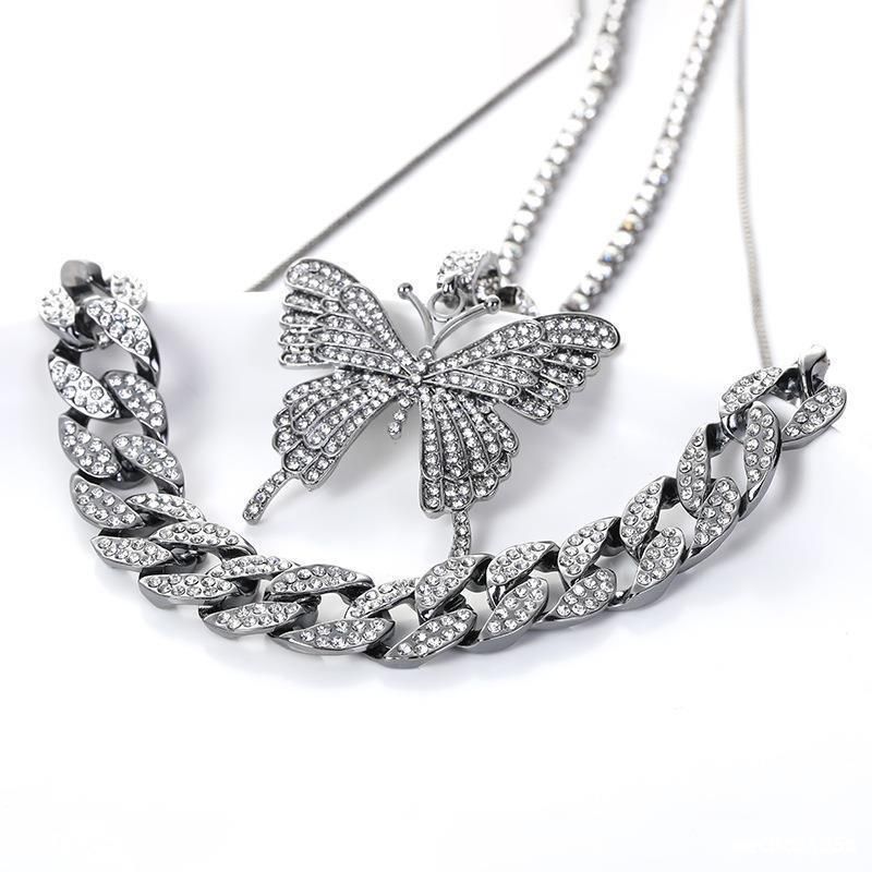 Double Layer Big Butterfly Pendant Necklace Full Rhinestone Women Jewelry