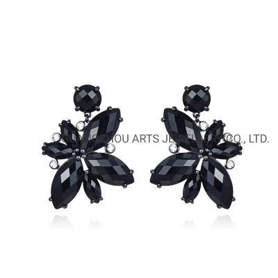 New Developed 925 Silver Black Ms Flower &amp; Leave Dangle Earrings