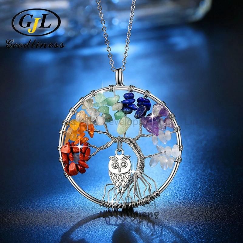 Owl Pendant Colorful Crystal Gravel Tree of Life Necklace