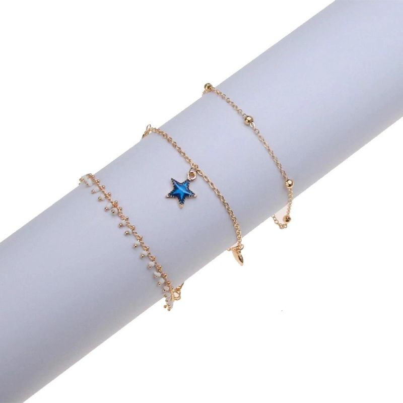 Fashion Personality Ancient Carved Three-Layer Tassel Five-Pointed Star Anklet Foot Decoration Female Beach Anklet