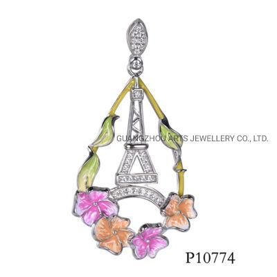 Eiffel Tower with Enamel Flower 925 Sterling Silver Pendant