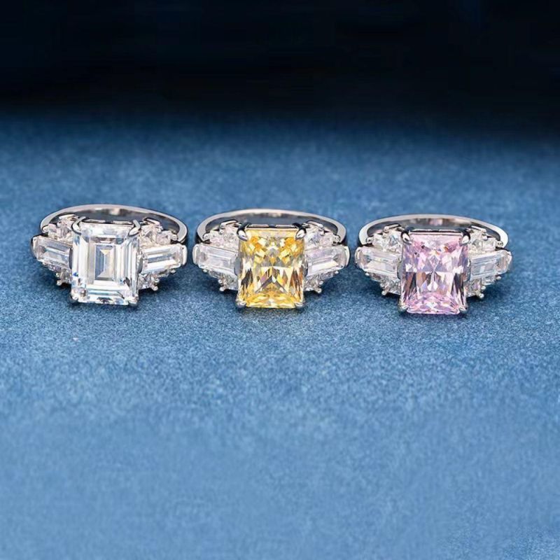 Women Ring 925 Sterling Silver Pink Iced-out Cut 8X10 mm Weeding Jewelry Ring Silver