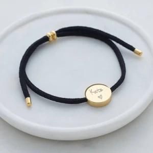 Fashion Couple Rose Gold Stainless Steel Lettering Logo Disk Leather Bracelet