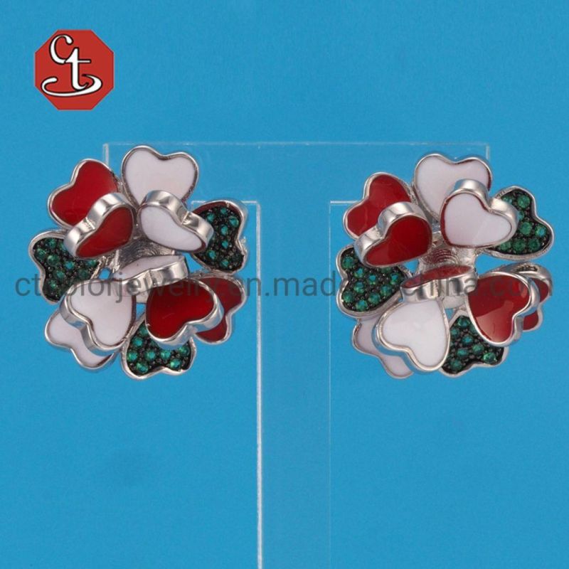 Colorful Flower Silver Earrings for Women Cubic Zircon with Enamel Heart Earrings Fashion Jewelry