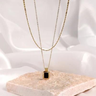 Enamel Stainless Steel Gold Plated Black Diamond Square Necklace