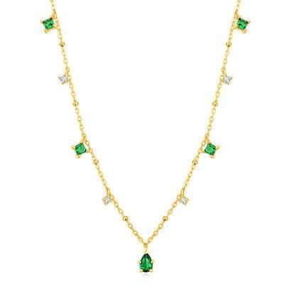 Vintage Luxury S925 Sterling Silver Simple Elegant Water Drop Emeralds Zircon Chain Necklace