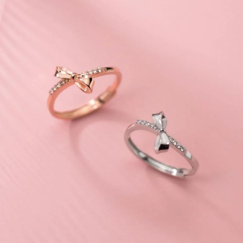 Real 925 Sterling Silver Ring Bowknot Zircon Exquisite Adjustable Ring Women Wedding Sweet Romantic Girl Jewelry