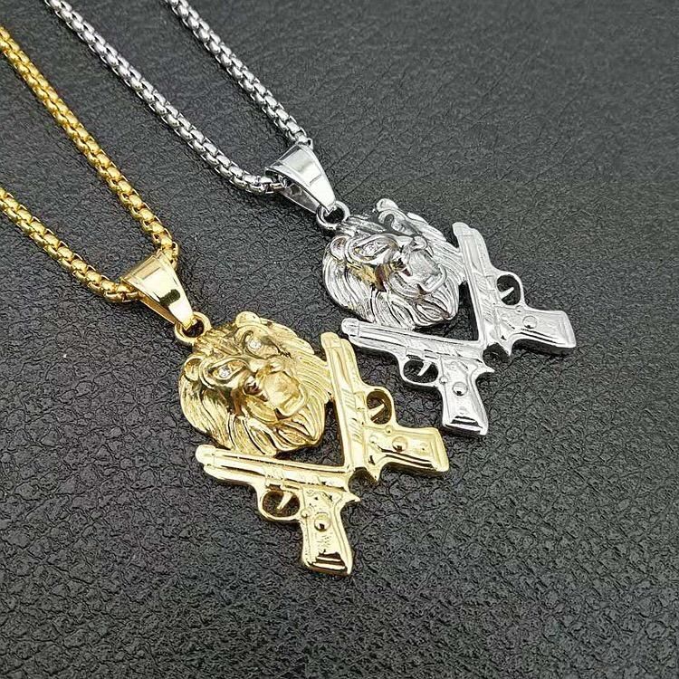 Stainless Steel Double Gun Lion Head Necklace Pendant