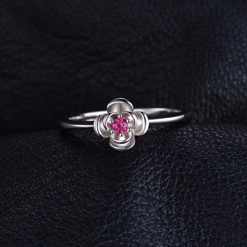 Rose in Bloom Round Red Created Ruby Ring Promise Love Jewelry 925 Sterling Silver Jewelry