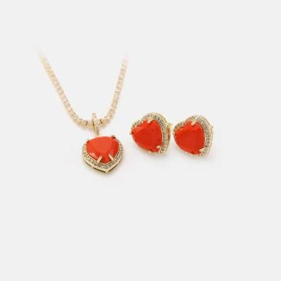 Luxury New Jewelry Set Gold Plated Red Heart Necklace and Earrings Set