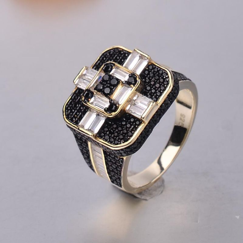 New Arrival 925 Sterling Silver Jewelry 18K Gold Plated Iced out Cubic Black Zirconia Baguette Hip Hop Ring for Men