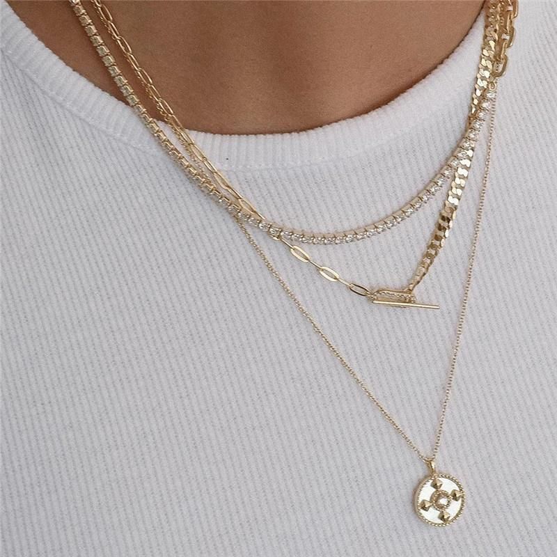 2022 Trendy Popular 18K Gold Plated 2 Different Type Chains Safety Pin Shape Toggle Clasp Necklace for Women