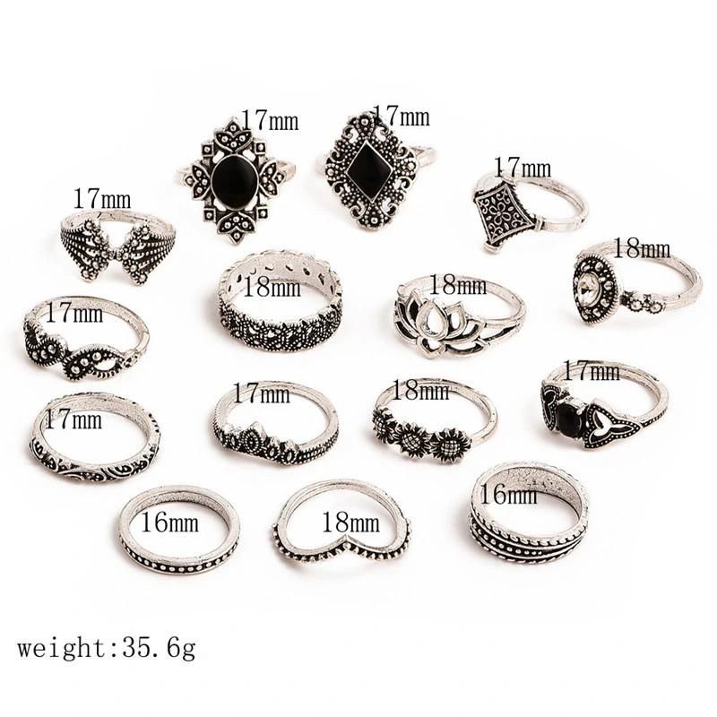 15 PCS/Set Bohemia Retro Leaves Lotus Silver Rings Set Fashion Jewelry