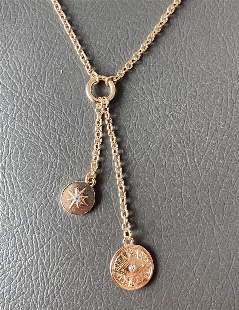 New Stylish 2 Layered Cuban Link Chain Choker Necklace Star Crystal Evil Eye Pendant Coin Necklace for Women Lady Girls