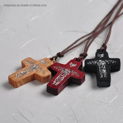 Wholesale Silver Color Imprinted 30mm Small Christian Wood Cross Pendant Necklace with Cord