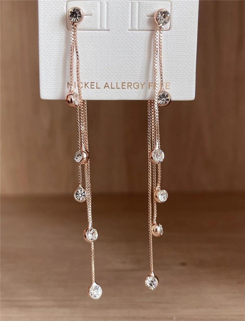 Lovely Fashion Women Accessories Jewelry Rose Gold Plated 5 Rows Irregular Length Fancy Long Box Chain Tassel Earrings with Crystal Stones for Women Girls Lady