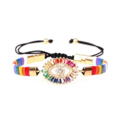 Hot Selling Woven Rope Evil Eyes Bracelet Micro Pave Rainbow Colors Zircon Charm Bracelet