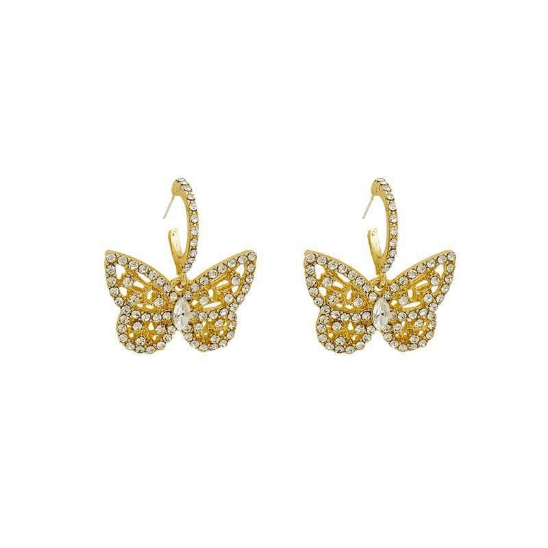 14K Gold Plated Fashion Jewelry Pave Glass Stone Mini Hoop with Statement Bling Butterfly Drop Earrings for Women