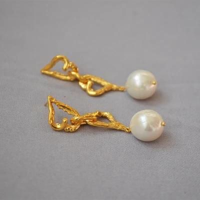 Gold Plated Double Heart Unique Natural Baroque Pearl Drop Earrings