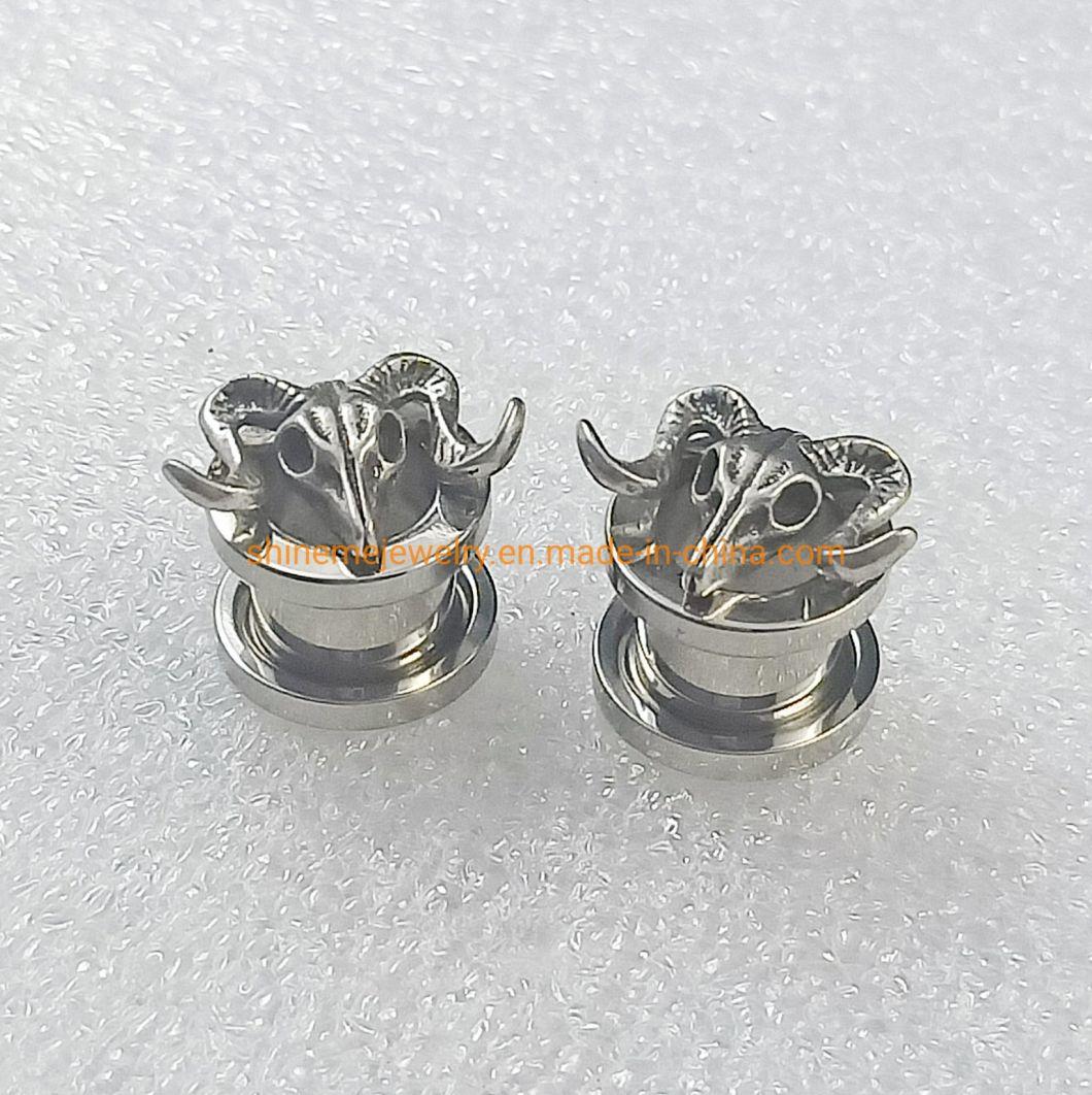 Ancient Silver Sheep Head Pulley Auricle Stainless Steel Internal Thread Zodiac Ear Piercing Large Cross-Border Piercing Ear Plugs Spg2727