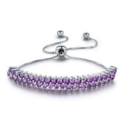 925 Sterling Silver Microset Amethyst Adjustable Slide Lock Party Wedding Gift Bracelet