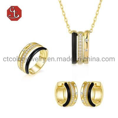 Fashion Custom Jewellery 925 Sterling Silver Gold Plated Black Enamel Rings Earring Necklace Jewelry Set