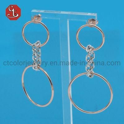 Popular Women Plain long Dangle Doulbe Round Circle Chain Two Tone plating Earring Silver Jewelry