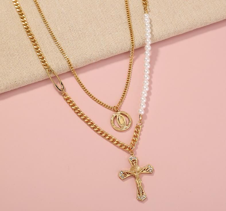 Personality Cross Portrait Pendant Double Cascade Wear Necklace Spliced Pearl Choker