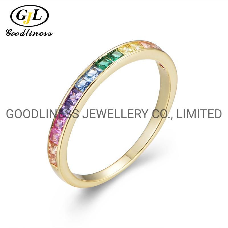 925 Sterling Silver Fine Jewelry Simple Rainbow Color CZ Rings