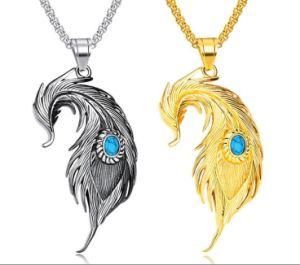 Hiphop Feather Pendant Necklace for Men Inlaid Blue Accessories Stainless Steel Male Personality Jewelry Gifts