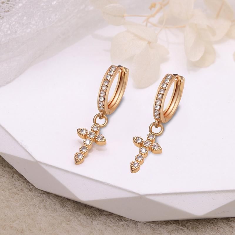Gold Plated AAA Zircon Cross Pendant Hoop Hanging Earring