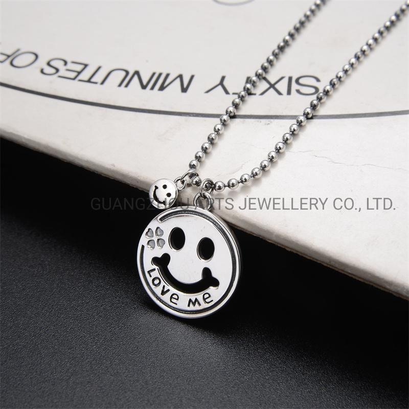 925 Sterling Silver Hollow Smiling Face Double Pendant Hip Hop Necklace